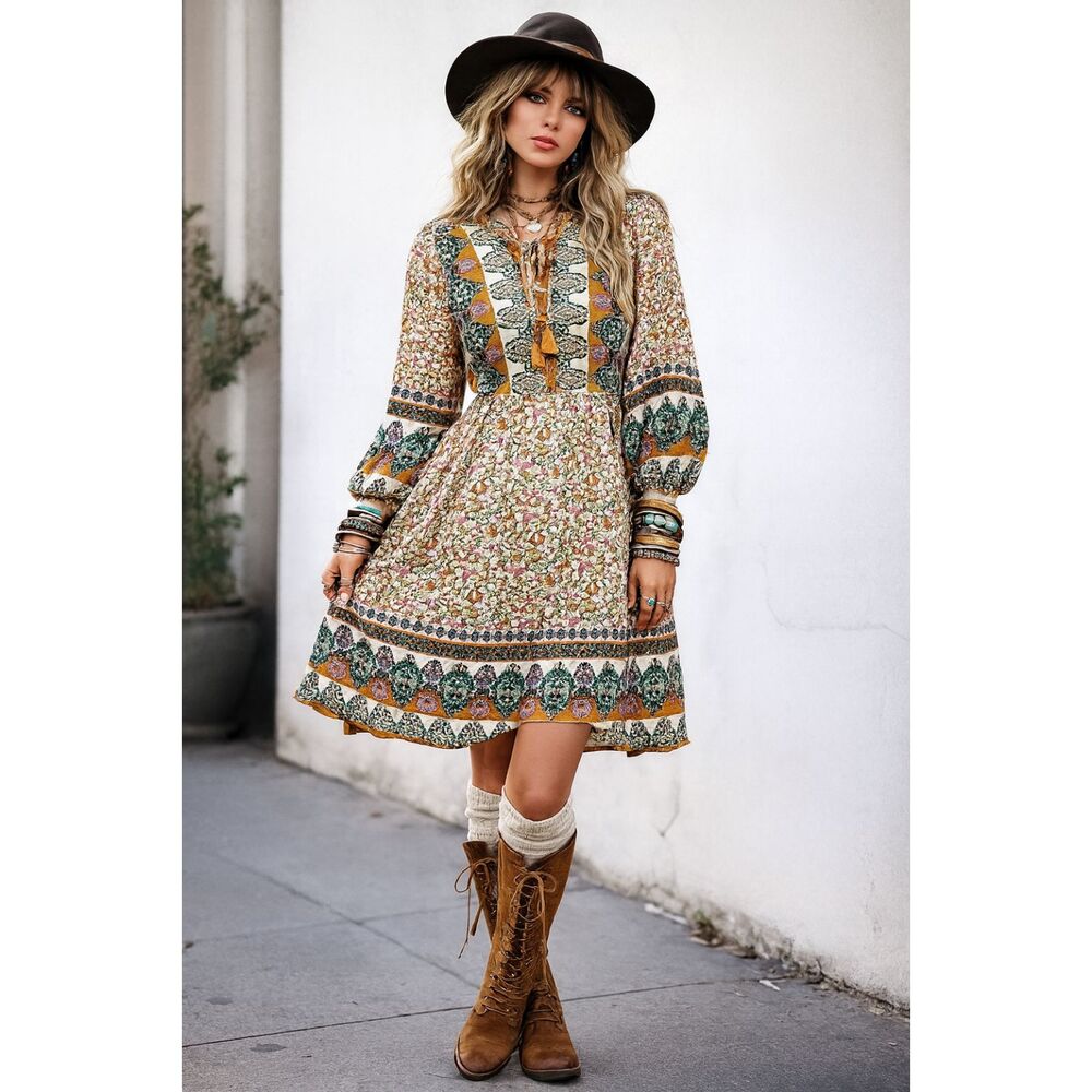 Umgee Boho Floral Mini Dress Gold Hippy Retro Stevie Nicks Vibes S M L